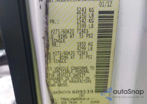 2012 Nissan Armada Sl z USA, uszkodzony, nr VIN 5N1BA0ND5CN609539